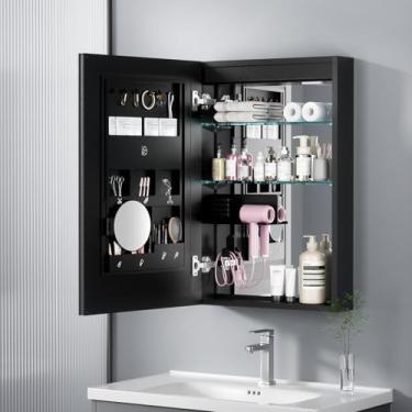 Imagem de LIGMIRR Armário de remédios para banheiro de 50 × 76 cm, armário de remédios com suporte de armazenamento de cosméticos, armário espelhado iluminado para mulheres, 2 tomadas, espelho de maquiagem com