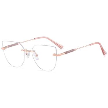 Imagem de Óculos sem aro com lentes transparentes e armação de óculos de gato, Ouro rosa e rosa