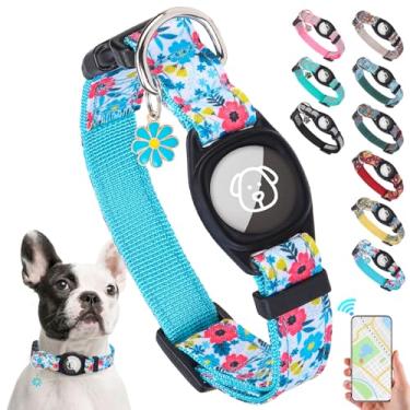 Imagem de SCENEREAL Coleira Airtag para cães pequenos e médios, coleira para filhotes com suporte durável para AirTag, compatível com Apple Air, antiperda ajustável, macia, confortável, estilo único, flor azul