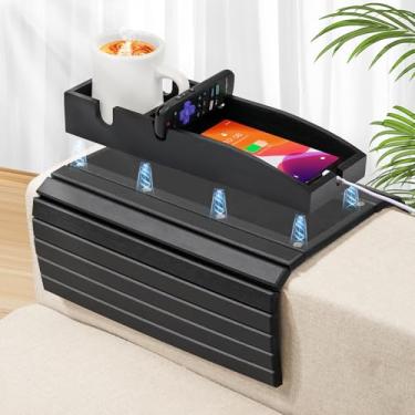 Imagem de Joy&Grace Bandeja de braço de sofá, suporte magnético removível 3 em 1, mesa de apoio de braço de sofá com almofada antiderrapante, bandeja de apoio de braço para sofá (cor preta)