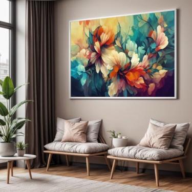 Imagem de Quadro com Moldura Sala Quarto Abstrato Floral Colorido Decorativo Horizontal Grande Hall