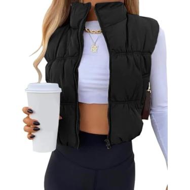Imagem de Colete Puffer Feminino Cropped Zip Up Inverno Gola Alta Leve Sem Mangas Acolchoado Colete Gilet Com Bolso, Black, S