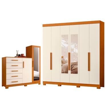 Imagem de Quarto Completo Guarda Roupa 6 Portas Com espelho Vinci e Cômoda Sapateira New Master