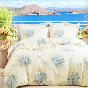 Imagem de Cozaline Conjunto de capa de edredom 100% algodão queen size chique jardim gasto azul floral vintage macio e respirável conjunto de capa de edredom creme com fecho de zíper