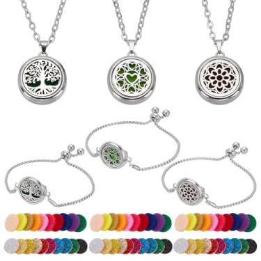 Imagem de AHANDMAKER 66 peças conjunto de colar difusor de óleo essencial 3 estilos medalhão de aromaterapia de aço inoxidável difusor ajustável almofadas de refil joias para joias acessório presente de