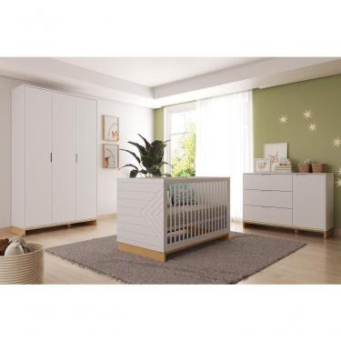 Imagem de Quarto Bebê 3 Pçs Berço Cômoda Grande E Roupeiro Linha Cubo Branco Plátano
