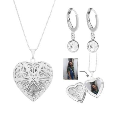 Imagem de Kit Relicário com fotos coração colar e brinco argola ouro 18k Banhado