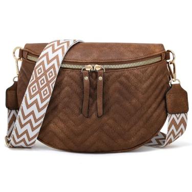 Imagem de Bolsa tiracolo feminina de couro vegano, pochete com cinto ajustável, bolsa de ombro estilo boho para viagens, uso diário, Marrom, Medium, Boho