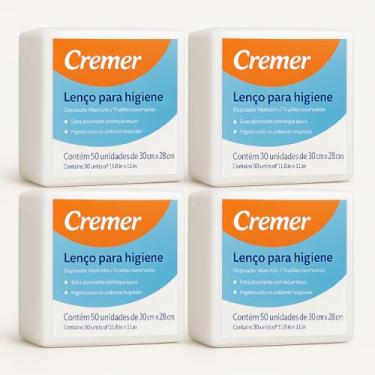 Imagem de Lenço para Higiene Corporal Cremer Toalha Descartável Adulto e Infantil 30x28cm Uso Hospitalar Banho no Leito Toque Macio Hipoalergênico (4 Pct - 200 Lenços)