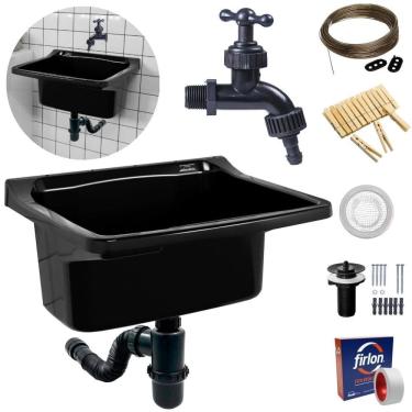 Imagem de Tanque Lavanderia 22L Preto + Sifão Copo Universal Sanfonado