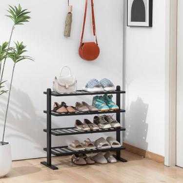 Imagem de Sapateira preta, organizador de sapateira de bambu de 4 camadas para armário e entrada, prateleira de sapatos de madeira grossa para espaços pequenos, resistente e versátil para quarto, banheiro,