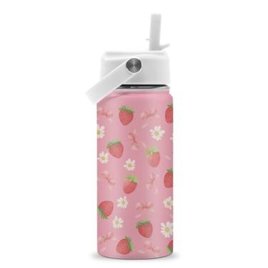 Imagem de ROVOZAR Garrafa de água de morango para meninas - Garrafa de água de aço inoxidável de morango de 473 ml com canudo - Copo com isolamento de laço fofo - Copo infantil de morangos rosa para escola