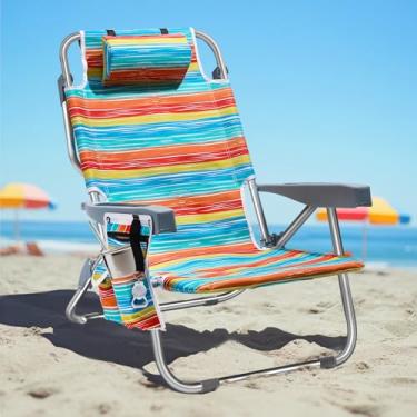Imagem de Cadeira de praia alta de alumínio com 5 posições, mochila compacta portátil para adultos com bolsa térmica, bolsa de armazenamento, barra de toalha, suporte de copo e suporte de telefone, listras