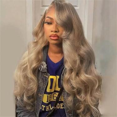 Imagem de Rina Peruca frontal loira acinzentada com densidade de 200% cabelo humano ondulado platinado cinza balayage peruca frontal mais completa e mais grossa HD 13x4 HD peruca frontal invisível para mulheres