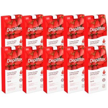 Imagem de Kit 10 Caixas Folhas Prontas Cera Depilatória Depilação Facial Depilflax Morango