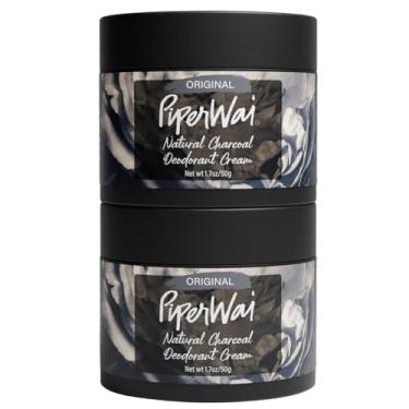 Imagem de PiperWai Creme desodorante natural para mulheres e homens | Sem alumínio com carvão ativado e magnésio | Produto vegano com tanque de tubarão | Frasco perfumado de 60 ml, pacote com 2