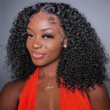 Imagem de Bestdilin Peruca de cabelo humano encaracolado Kinky 33 x 15 cm Lace Frontal 220% Densidade 40,6 cm Afro Kinky-Curly Bob HD Peruca frontal de renda transparente para mulheres pré-arrancadas com cabelo