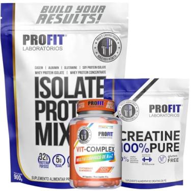 Imagem de Kit Whey Isolate Protein Mix 900g Sabores + Creatina Monohidratada 100% Pura 250g + Multivitamínico Vit-Complex 90caps - Profit (Refil, Cookies)