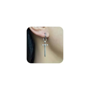 Imagem de Brincos de argola pequenos com pingente de espada vintage para mulheres, retrô, punhal, gota, punk, gótico, brincos de argola, presentes de Halloween para mulheres e homens, Small, Latão, Sem pedra