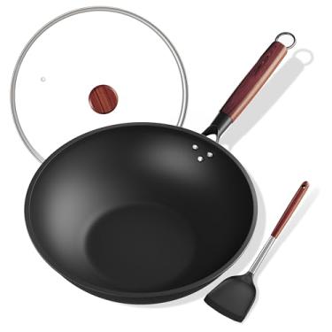 Imagem de ziluetar Frigideira Wok de aço carbono de 33 cm com capa de vidro, espátula de silicone, woks de superfície antiaderente e frigideiras pré-temperadas para indução, eletricidade, fogões a gás