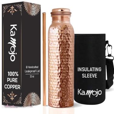 Imagem de Kamojo Garrafa de água de cobre para beber - Copo de cobre 100% puro martelado com tampa à prova de vazamento, manga isolante removível e canudo - Copo ayurvédico feito à mão para água de 946 ml