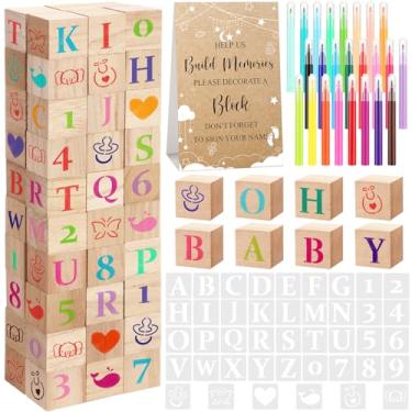 Imagem de Wonderjune 147 Pcs Baby Shower Blocks to Decorate Games Sets, Decorate a Block Game 80 DIY Blank Wooden Block 42 Stencils 24 Marker Baby Shower Prize for Gender Reveal Baby Shower Games(Kraft)