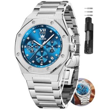 Imagem de OLEVS Relógio de pulso masculino de aço inoxidável, à prova d'água, luxuoso, com data, casual, azul/preto/dourado/prata Reloj para Hombre, Mostrador azul com pulseira prata, Round, Relógio masculino