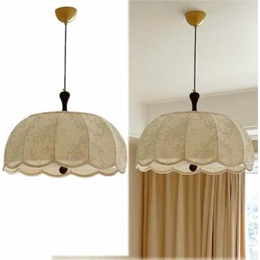 Imagem de WLHAZMWY Candeeiro pendente de cerâmica francesa grande pingente de luz creme impresso lâmpada pendurada vintage country madeira