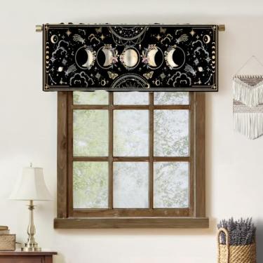 Imagem de BATPLY Cortinas de saia de fase da lua, vintage barroco preto dourado borboleta padrão floral blackout decoração de casa janela curta tratamentos cortinas para quarto sala de estar cozinha 137 x 45 cm