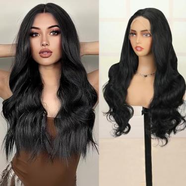 Imagem de PHOCAS Peruca frontal sintética encaracolada preta de 71 cm x 33 cm pré-arrancada com cabelo de bebê, peruca ondulada de corpo longo, sem cola, HD, perucas frontais de renda para mulheres, parte do