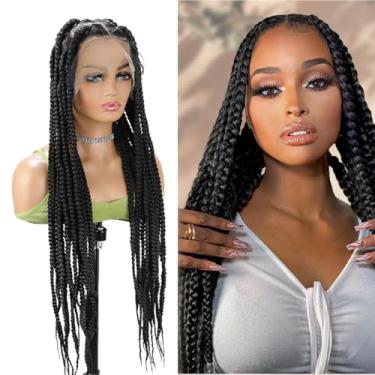Imagem de OTO BELLA Peruca trançada de caixa sem nós 81 cm sem cola HD peruca trançada sintética para mulheres negras - tranças jumbo grossas e longas com cabelo de bebê