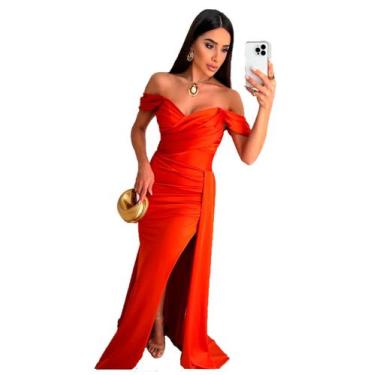 Imagem de Vestido Longo Festa Cetim Ombro a Ombro com Fenda Lateral  - Glamoor F