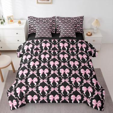 Imagem de Erosebridal Conjunto de cama casal com laço rosa e preto, 7 peças, para meninas adolescentes – Conjunto de edredom com laços de coquete feminino, moderno, estético, decoração de quarto de meninas