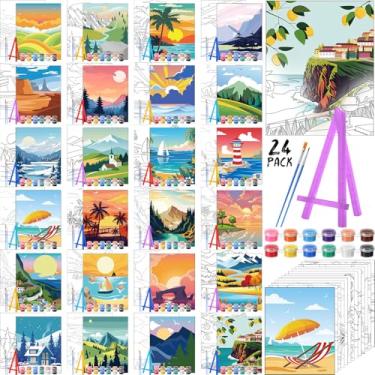 Imagem de Blosssound Pacote com 24 conjuntos de telas pré-desenhadas de cenário natural, pintura em tela pré-desenhada, com cavalete e pincéis, kits de painel de pintura esticada para sorvete de tinta