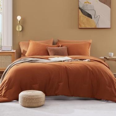 Imagem de WRENSONGE Conjunto de edredom queen extragrande – 7 peças de cama laranja queimado em uma bolsa Queen com lençóis, 2 fronhas e 2 fronhas - Jogo de cama queen quente para todas as estações