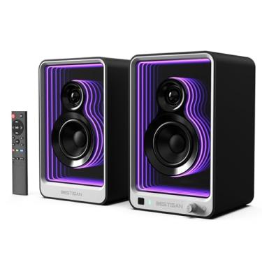 Imagem de Alto-falante ativo BESTISAN 50W*2 com efeito de luz dinâmico, alto-falante de mesa graves de 7,6 cm com entrada ARC/óptica/RCA/BT 5.2/USB/SUB para toca-discos, PC, TV e telefone.