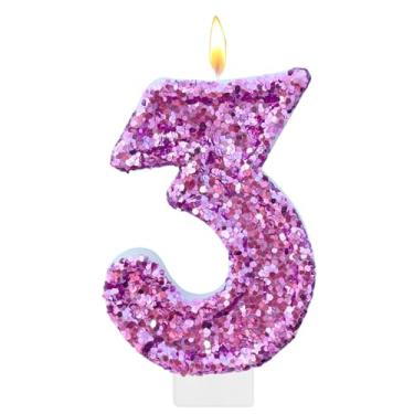 Imagem de Velas roxas de aniversário, número 3 para bolo, topo de bolo roxo com glitter, decorações de festa de aniversário de princesa, enfeite de cupcake, lembrancinhas de festa, suprimentos de decoração