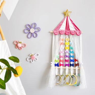 Imagem de Organizador de laços de cabelo para meninas, acessórios de cabelo, organizador de acessórios de cabelo, decoração de parede para quarto de meninas, design de dossel de estrela dourada, cortina de tule