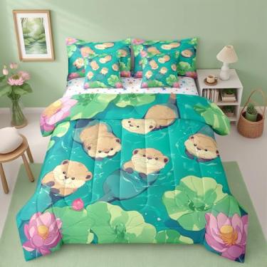 Imagem de Manfei Conjunto de edredom casal com desenho de lontra, flores e folhas de lótus, animais fofos, decoração de plantas para crianças em todas as estações, verde e marrom (elástico + lençol + 2 fronhas