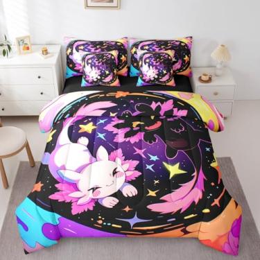 Imagem de Conjunto de edredom kawaii, tamanho solteiro, planeta preto e rosa para meninas, decoração de quarto sonhador, cama de grafite gradiente em uma bolsa, jogo de lençol de salamandra fofo com edredom
