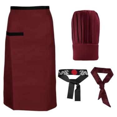 Imagem de Conjunto Disfarce Chef Hibachi, Chapéu de Chef Hibachi Elegante Avental Fita para Cabeça e Gravata Decorações Engraçadas Festas Halloween Adequado para Mulheres Homens (Vermelho)