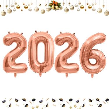 Imagem de Balões de 101 cm 2026 com números de folha de ouro rosa para celebração do festival de ano novo de 2026 ou decorações de artigos de festa de aniversário, balão de ano novo 2026, balão de véspera de