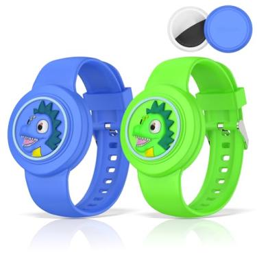 Imagem de BIQIRE [Pacote com 2] Compatível com pulseira AirTag à prova d'água, silicone macio AirTag, capa fofa para crianças e adolescentes (azul + verde)