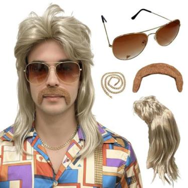 Imagem de Peruca Retrô Anos 80 Rock Com Bigode Óculos Cordão Fantasia - LIONSWIG