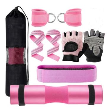 Imagem de UGPLM Conjunto de almofadas de barra para agachamento, 2 tiras de tornozelo para academia, bolsa de transporte, almofada de suporte para pescoço, ombro, Rosa