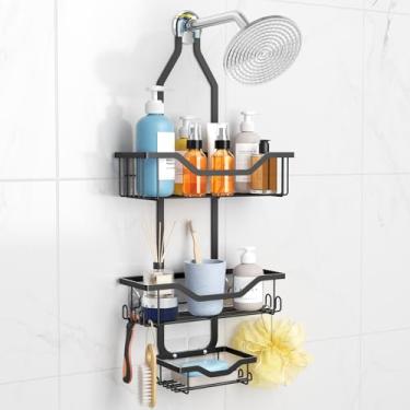 Imagem de Imncya Suporte de chuveiro pendurado para chuveiro, organizador de chuveiros à prova de ferrugem, sem perfuração, anti-balanço com clipe de trava, suporte sobre a cabeça para banheiro - preto