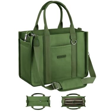 Imagem de BESBESME Bolsa feminina de lona com zíper e compartimentos – Bolsa tiracolo tiracolo com vários bolsos para laptop, Verde escuro, Medium, Organizador embutido