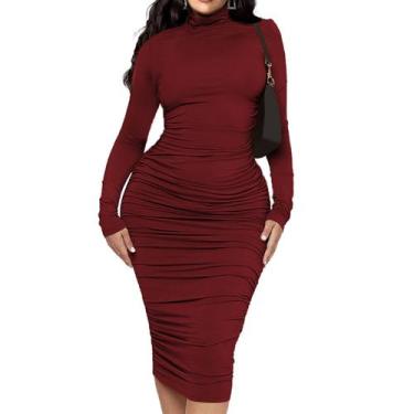 Imagem de Vestido midi Ekaliy Ruched Bodycon vermelho bordô para mulheres