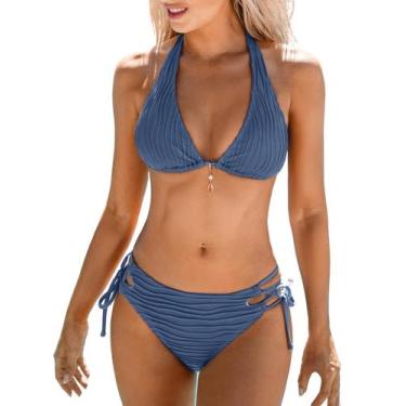Imagem de Conjunto de biquíni CUPSHE, maiô feminino, gola alta, aço, azul, XL