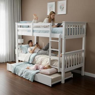 Imagem de Treliche Solteiro De Madeira Maciça Resistente Com Escada Branco - Cos